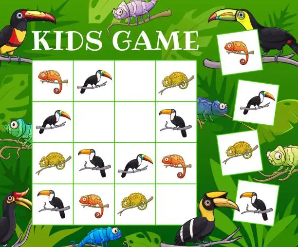 Vector illustration of Kids sudoku riddle game toucans and chameleons