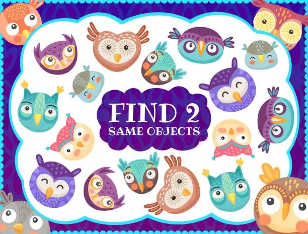 Vector illustration of Find two same owl birds kids game, vector maze