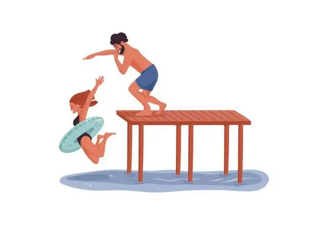 Vector illustration of Guy and girl in float ring jumping from the pier