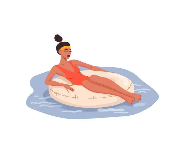 Vector illustration of Woman in water pool relaxing on float swim ring
