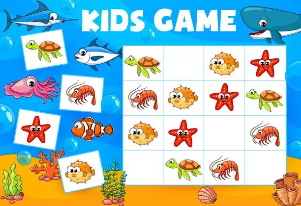 Vector illustration of Underwater cartoon animals sudoku game worksheet