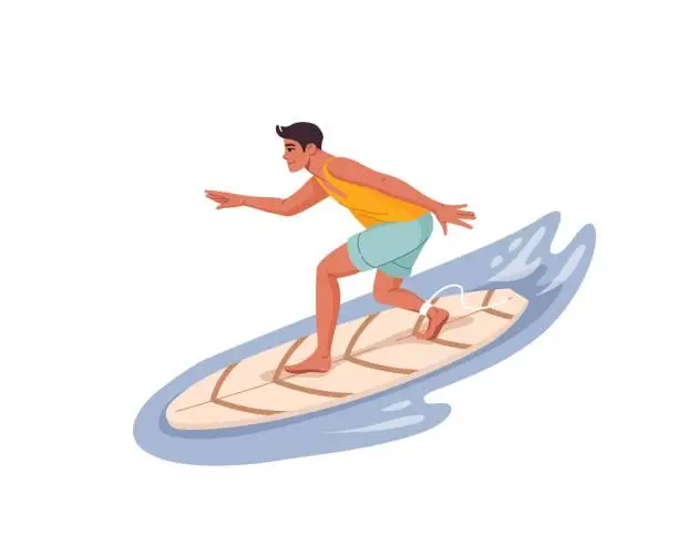 Vector illustration of Young man surfer riding wave on a surfboard