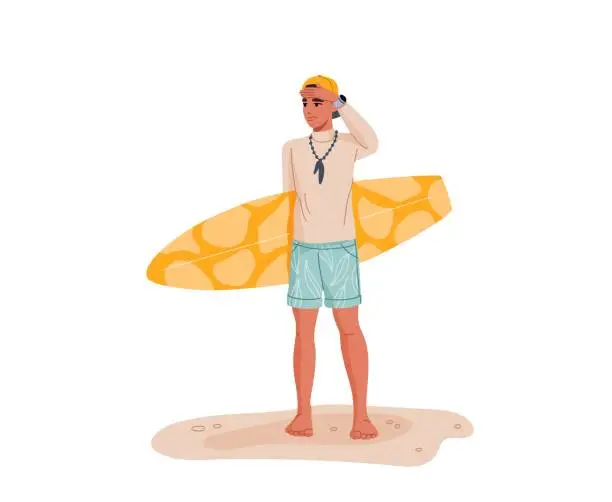 Vector illustration of Young guy with surfboard on beach vector character