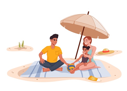 Family sitting on the beach under an umbrella. Young man, woman and child vector characters resting on resort beach, mother father and daughter spending time together, sunbathing on summer vacation