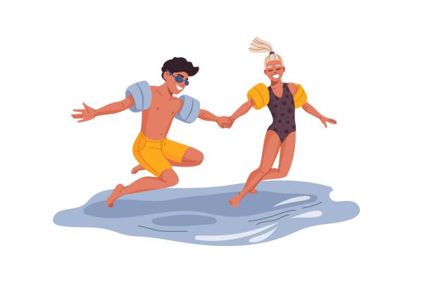 chłopiec i dziewczynka w zespołach pływackich skaczących w wodzie - swimming pool child water park inflatable stock illustrations