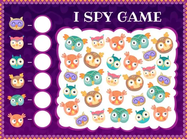 Vector illustration of I spy game with cartoon owls and owlets, kids game