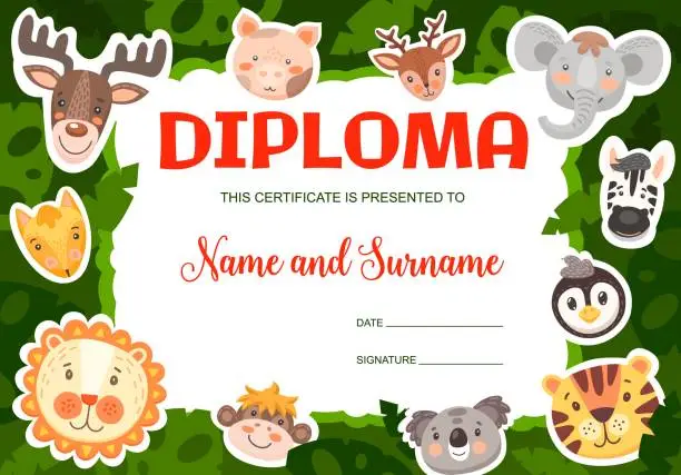Vector illustration of Funny cartoon animals kids diploma, certificate