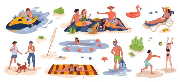 Vector illustration of People on summer vacation, beach activities scenes