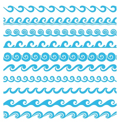 Sea and ocean wave line dividers or borders. Curly and rounded water waves minimalist vector ornaments, nautical or summer marine aqua linear separators, simple wavy patterns