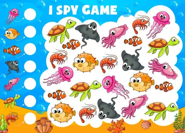 Vector illustration of I spy game quiz worksheet of underwater animals