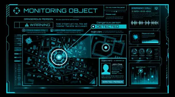 Vector illustration of HUD security monitoring system technology, screen