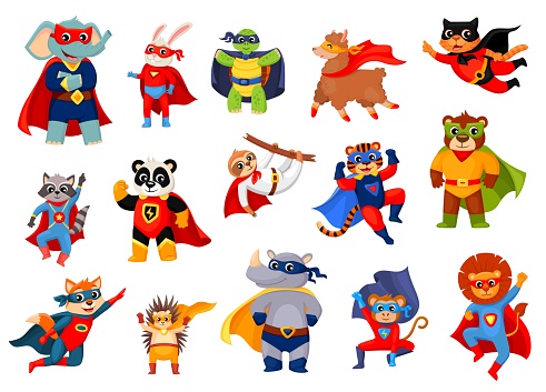 Cartoon funny animals, superhero characters and personages, isolated vector. Super heroes and rescue rangers, panda in power cape and cat defender or lion guardian and bear with turtle in ninja mask
