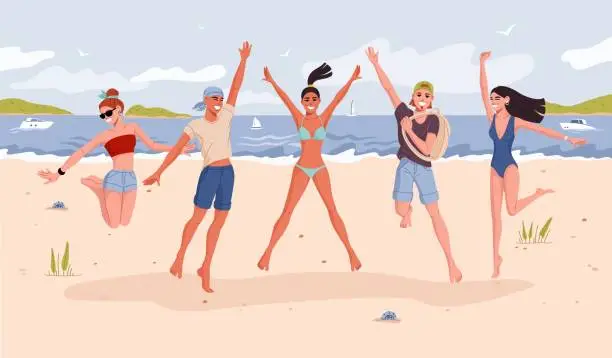Vector illustration of Group of young people jumping on beach at sea