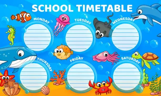 Vector illustration of Underwater animals education timetable schedule