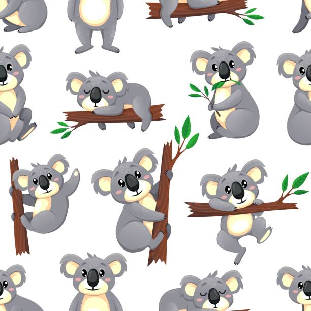 Cartoon koala bear characters, seamless pattern Cartoon koala bear characters, seamless pattern background, vector cute animal. Baby koala bear on tree eating eucalyptus leaf, Australian cheerful koala happy smiling, kids pattern sleeping koala bear stock illustrations