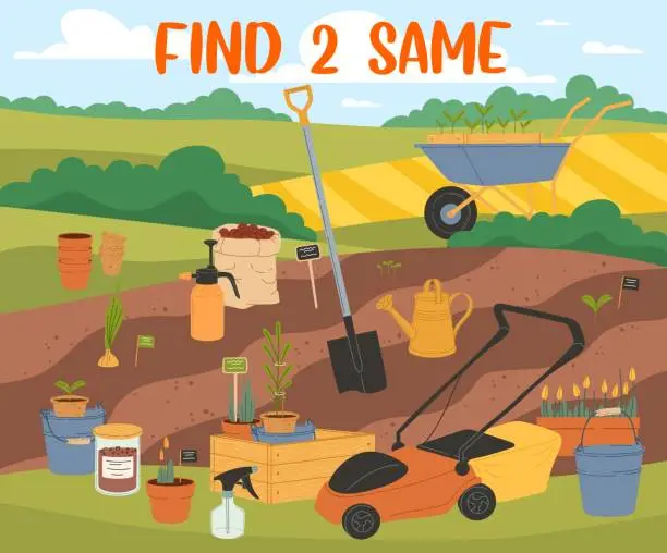 Vector illustration of Find two same farm and gardening tools kids game