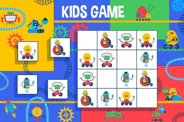 Vector illustration of Sudoku kids game with cartoon robots and droids