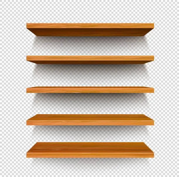 Vector illustration of Wooden store shelf on transparent background