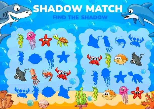 Vector illustration of Shadow match game worksheet, underwater animals