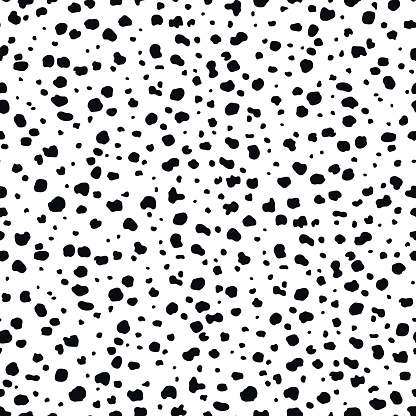 Dalmatian pattern of animal skin. Vector seamless background with dog fur print of abstract black spots on white. Monochrome dalmatian dog pattern, animal print backdrop for textile or wallpaper