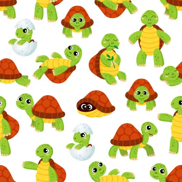 Vector illustration of Cartoon baby turtle characters seamless pattern