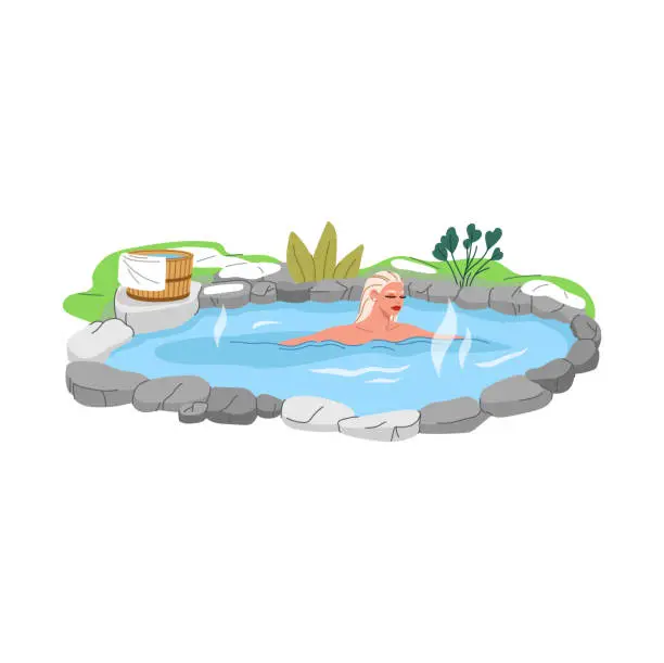 Vector illustration of Japan onsen hot spring bath, woman at japanese spa