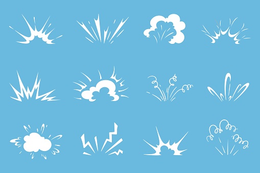 Cartoon bomb explosion, comic clouds boom blasts with bang smoke, vector explode icons. Cartoon comic bomb explosion or explosive blast cloud effects of TNT dynamite burst or fight crash flash