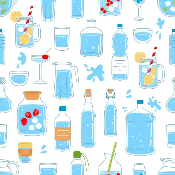 Vector illustration of Glass and plastic water bottles seamless pattern