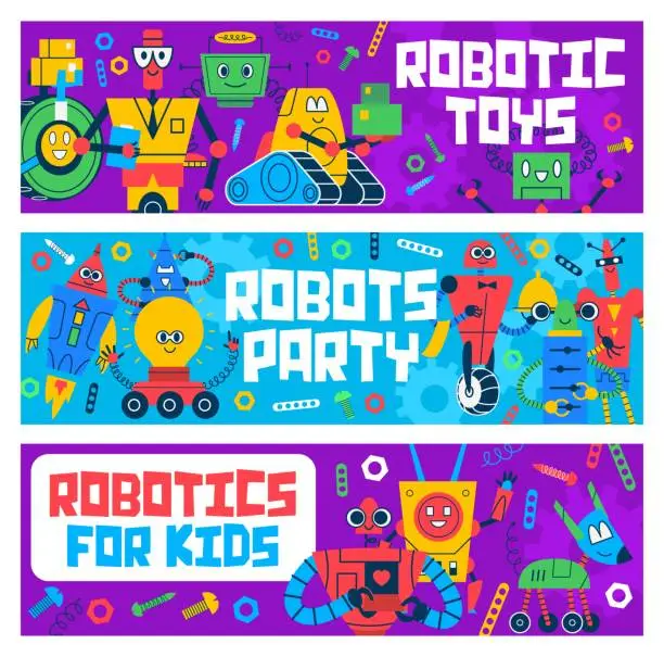 Vector illustration of Cartoon robot and droid kids toys, space machines