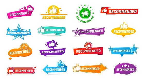 Recommend labels, stickers and tags. Vector thumb up signs and best quality star badges with color origami paper banners, ribbons, arrows and speech bubbles for approved quality guarantee
