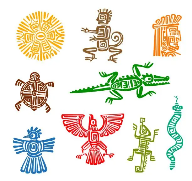 Vector illustration of Mayan aztec totems, ancient mexican birds, animals