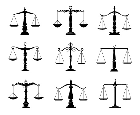 Justice, judicial, law balance scale icons. Vector scale of justice black silhouettes. Isolated symbols of court, judge or lawyer, law, truth, judgement and punishment with old mechanical devices