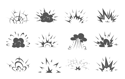 Cartoon bomb explosion, comic clouds of blast boom, vector smoke effect icons. Bomb explode or explosive blast clouds of fire or dynamite bang, comic hit flashes and crash burst explosion bubbles