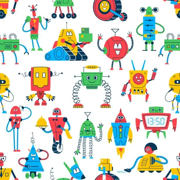 Vector illustration of Cartoon robots seamless pattern with kids toys