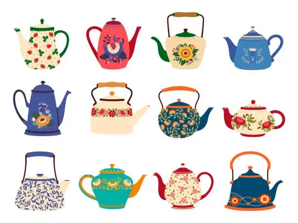 Vector illustration of Cartoon ceramic teapots, kettles, kitchen crockery