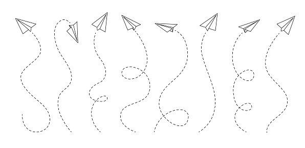 Paper airplane lines. Vector hand drawn outline paper planes and airplanes with dashed lines of flight route trails. Isolated origami aircraft, flying gliders with folded paper wings and contrails