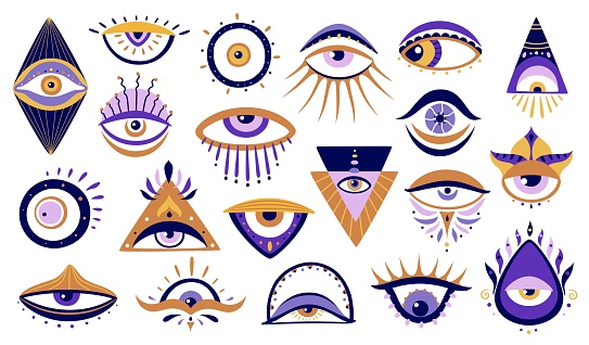 Greek eyes isolated vector icons set. Magic witchcraft talisman, magical esoteric religion sacred geometry symbols. Mason or illuminati symbolic, boho style amulets, evil protection and luck souvenirs