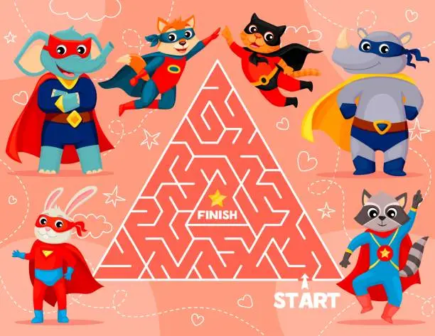 Vector illustration of Labyrinth maze game, superhero animal characters