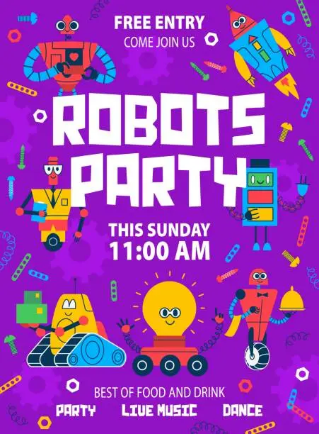 Vector illustration of Kids robot party flyer with cartoon robots, droids