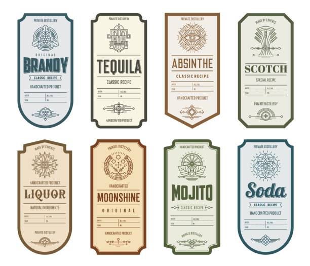 ilustraciones, imágenes clip art, dibujos animados e iconos de stock de etiquetas vintage de alcohol, tequila, brandy y soda - bebida alcohólica