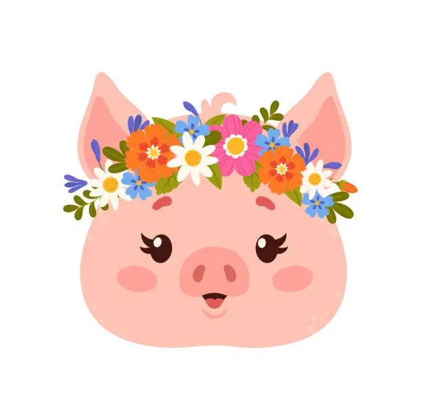 Vector illustration of Pig face cute animal with flower crown wreath