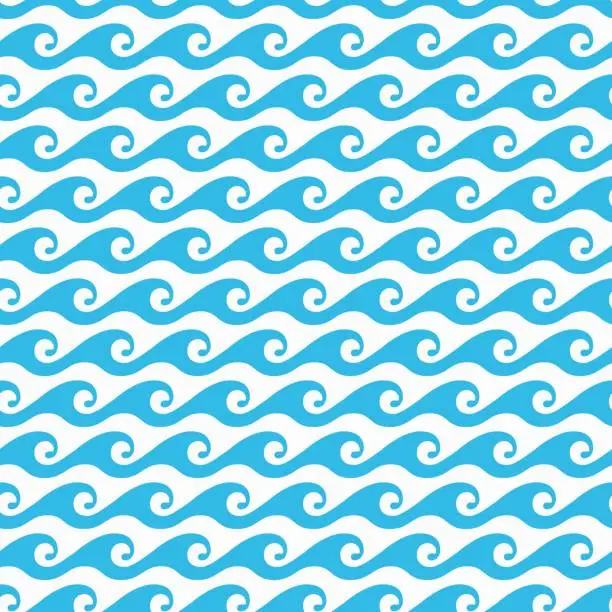 Vector illustration of Sea, ocean surf, blue water wave seamless pattern