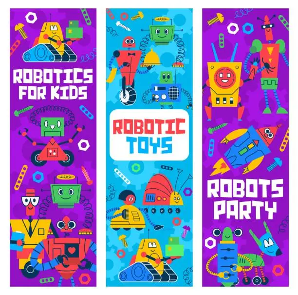 Vector illustration of Cartoon robots and droids kids toys vector banners