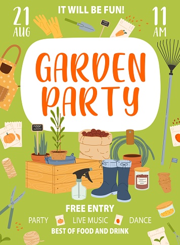 Garden party flyer with vector gardening tools. Cartoon garden boots, flower pots and seedlings, rake, spade and shovel, bucket, wood crate and watering hose, summer or spring outdoor party poster
