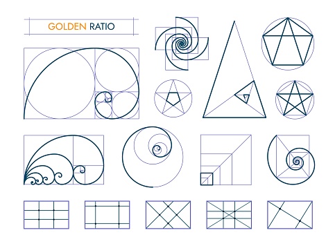 Golden ratio proportions, composition balance. Vector set of geometric shapes, divine Universal meanings. Spiral, grid, fibonacci array for aesthetically pleasing harmony in art, design, architecture