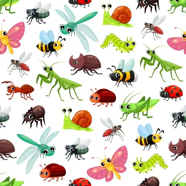 Vector illustration of Cartoon insects seamless pattern, butterfly, bugs
