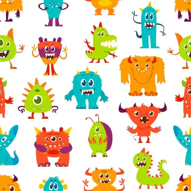 Vector illustration of Cartoon funny monster characters seamless pattern