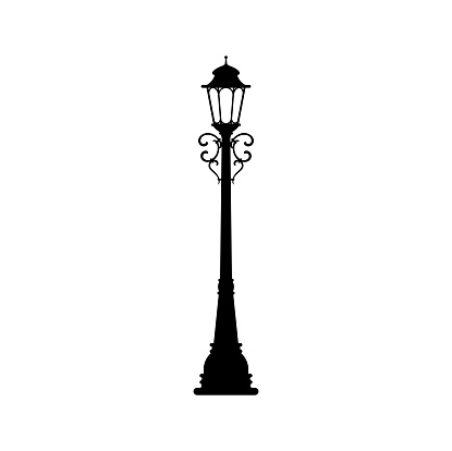 Lamppost stand isolated old street light lamp on pillar. Vector lamp with forged decoration, street illumination object, antique lamp post, streetlight