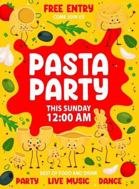 Vector illustration of Pasta party flyer with italian macaroni characters