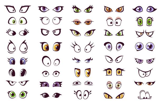 Cartoon eyes isolated vector set, comic style look Cartoon eyes isolated vector set. Comic style looks expressing different emotions. Kind, angry, surprised and suspect, loving, wow or bored eyes collection for characters and personages creation kit crazy anime girl stock illustrations